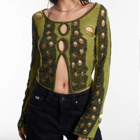 Urban Outfitters Tops - The Ragged Priest distressed Long Sleeve Cutout green Top size 6